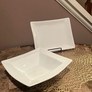Everyday White Set/2 Porcelain Square Serving Bowl and Rectangular Serving Plate